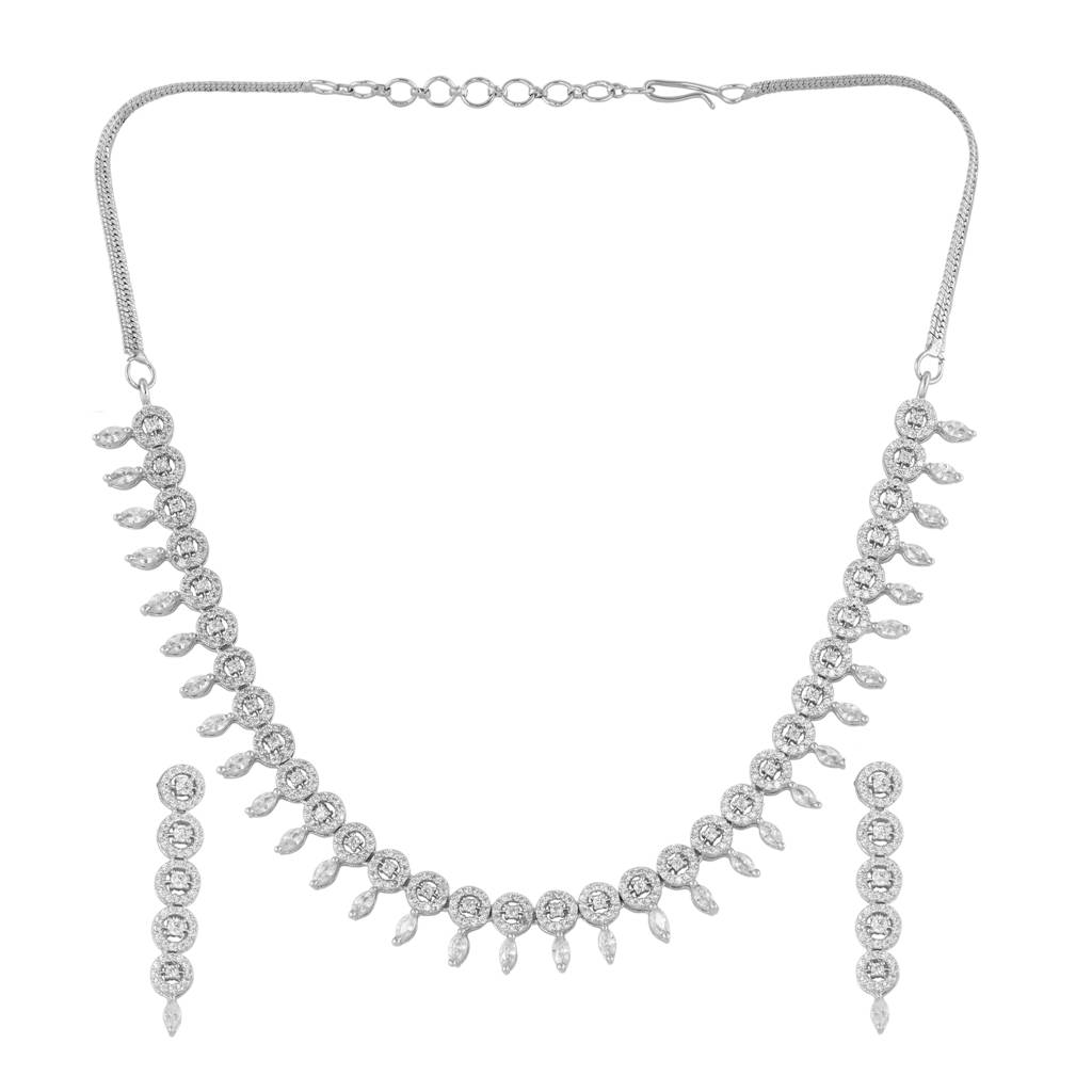 White Rhodium Plated Unique Leaf Design Ad Studded Necklace With Earrings For Women & Girls : SJNK1261