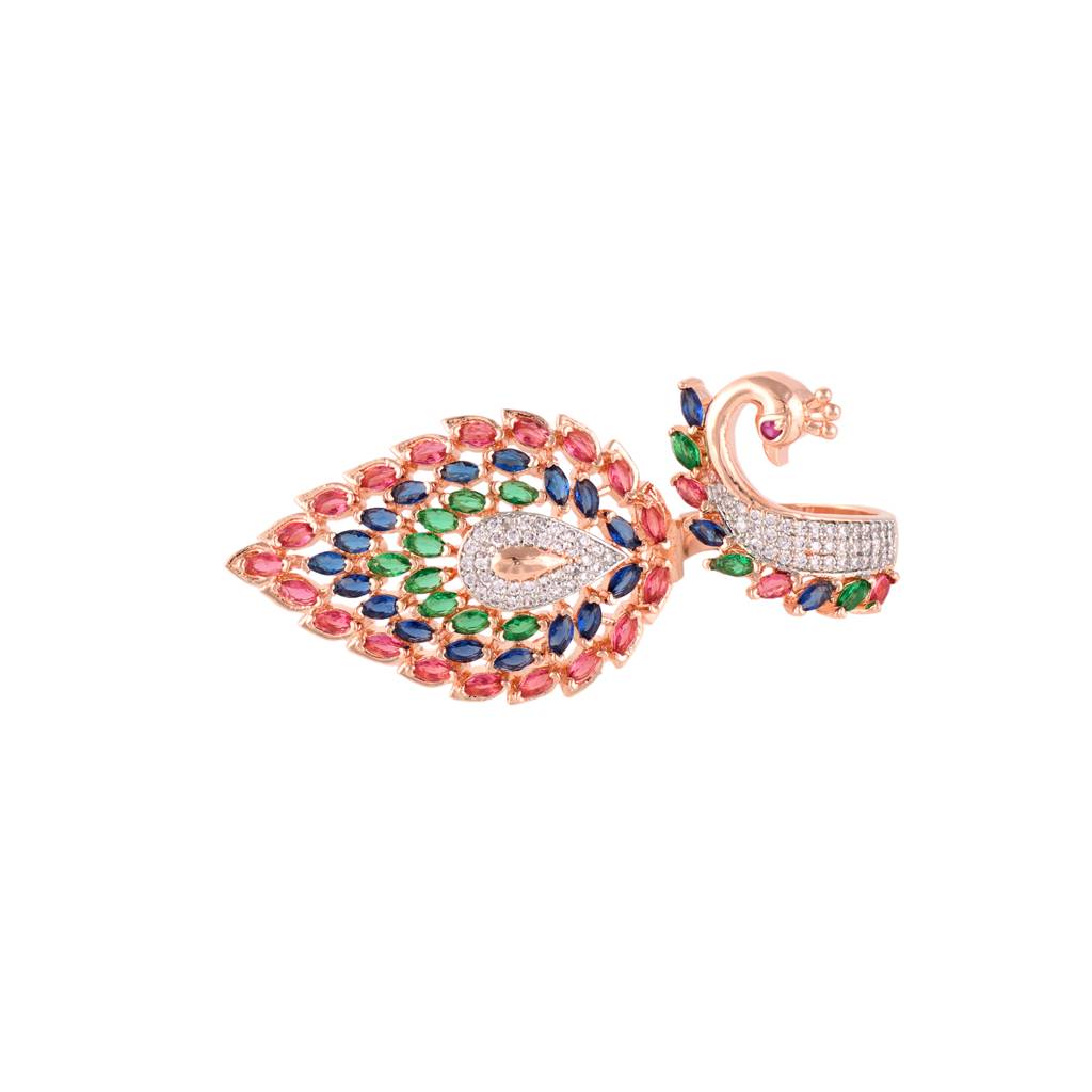 Rose Gold Plated Multi Colour Ad Studded Peacock Designer Finger Ring : SJRG1262