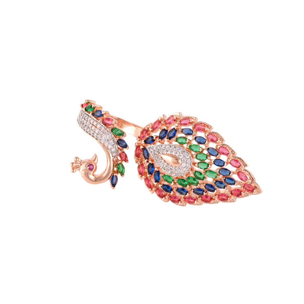 Rose Gold Plated Multi Colour Ad Studded Peacock Designer Finger Ring : SJRG1262