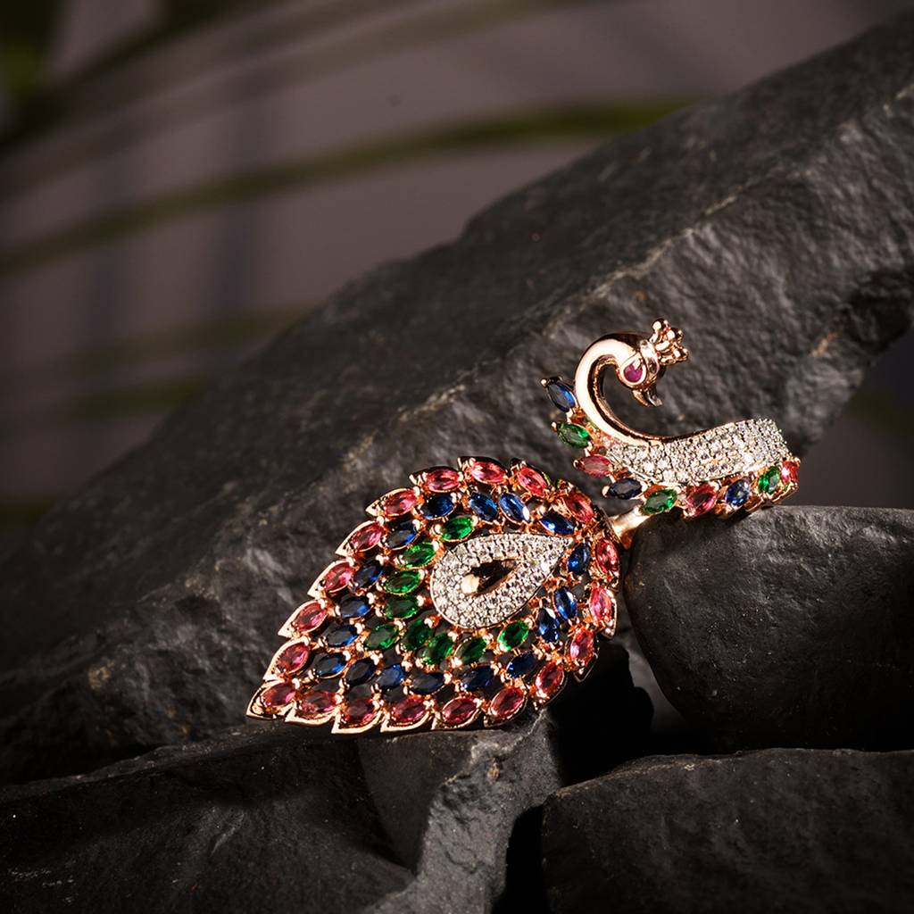 Rose Gold Plated Multi Colour Ad Studded Peacock Designer Finger Ring : SJRG1262
