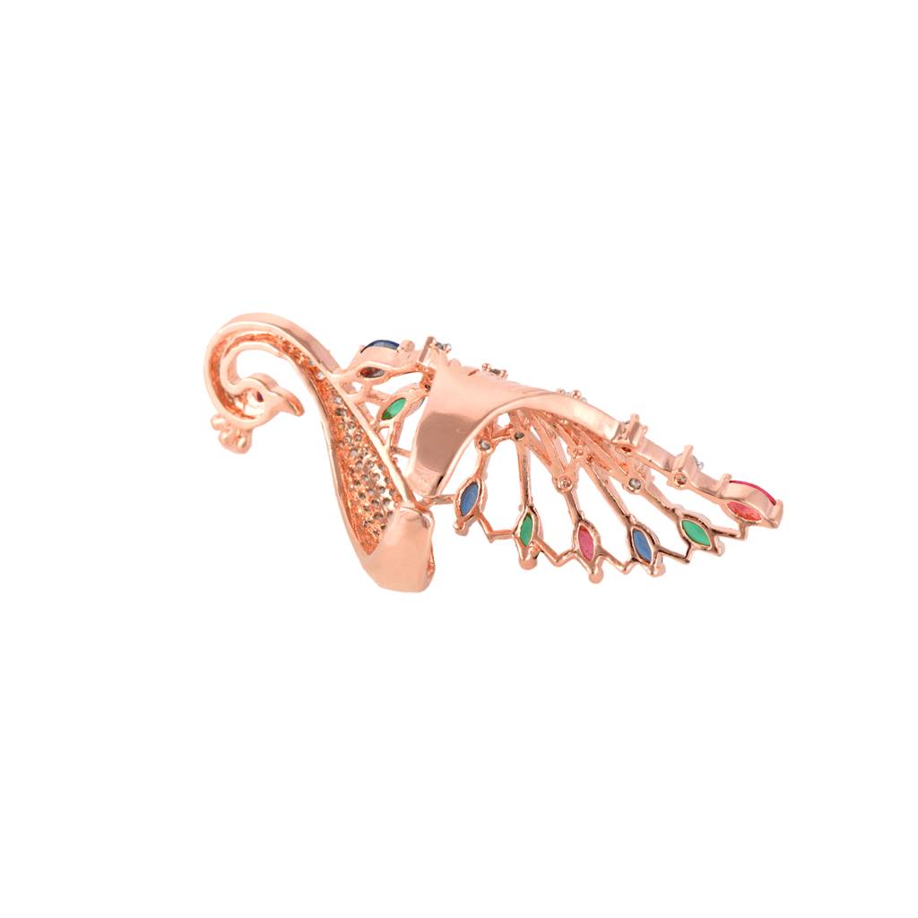 Rose Gold Plated Multi Colour Ad Studded Peacock-Handcrafted Finger Ring : SJRG1263