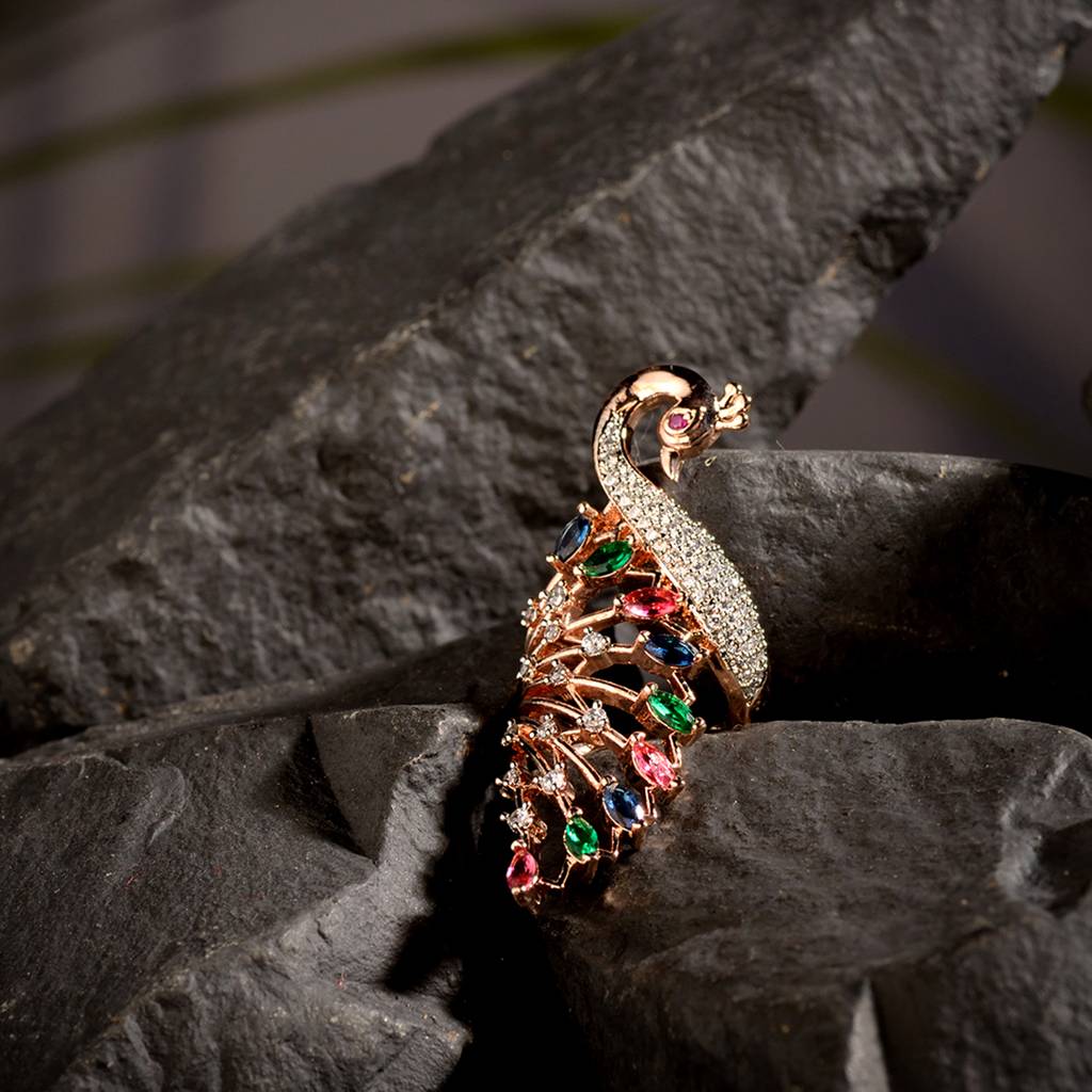Rose Gold Plated Multi Colour Ad Studded Peacock-Handcrafted Finger Ring : SJRG1263