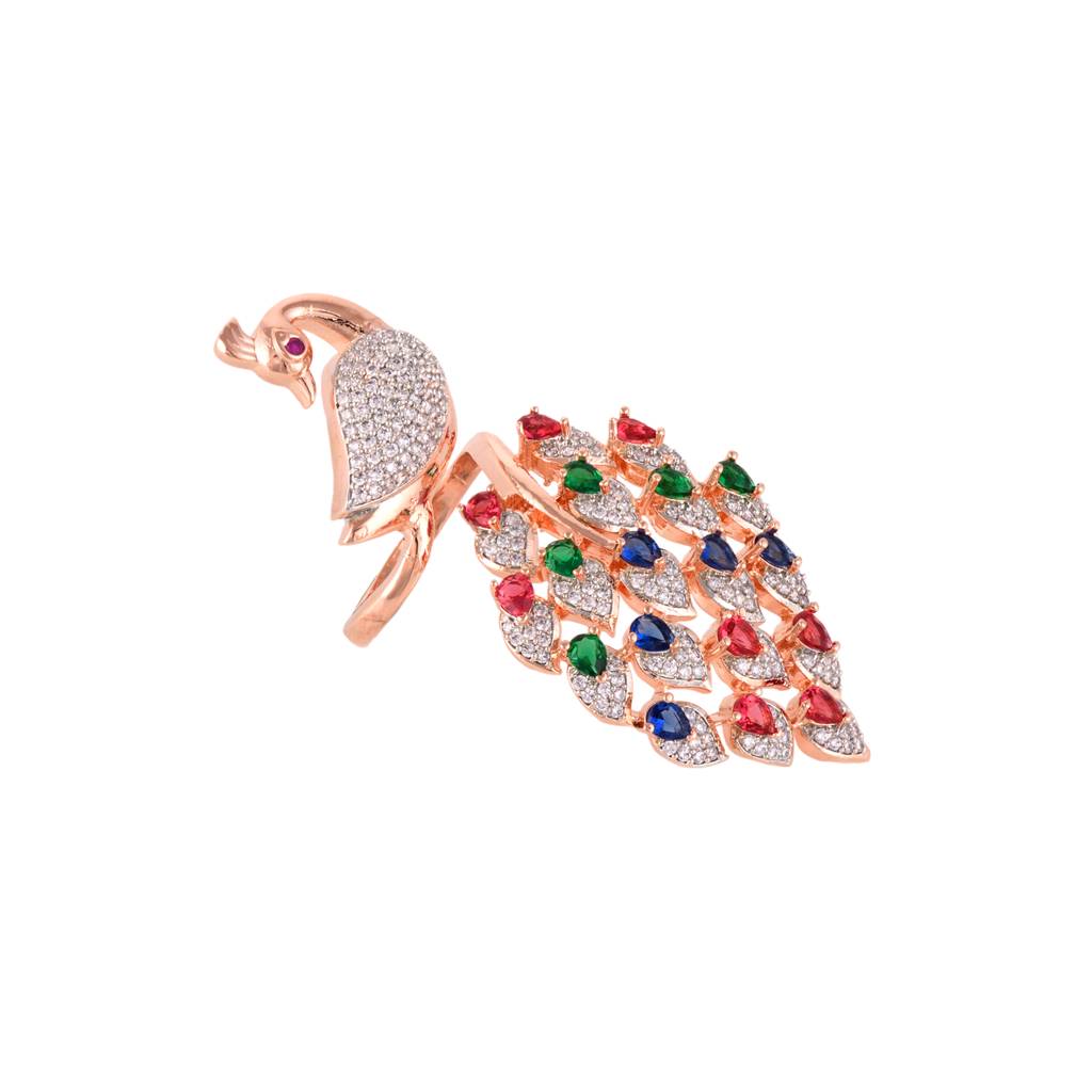 Rose Gold Plated Multi Colour Ad Studded Peacock Handcrafted Finger Ring : SJRG1264
