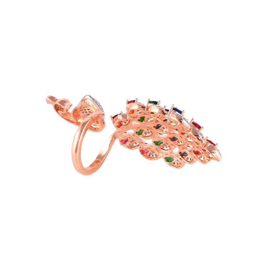 Rose Gold Plated Multi Colour Ad Studded Peacock Handcrafted Finger Ring : SJRG1264