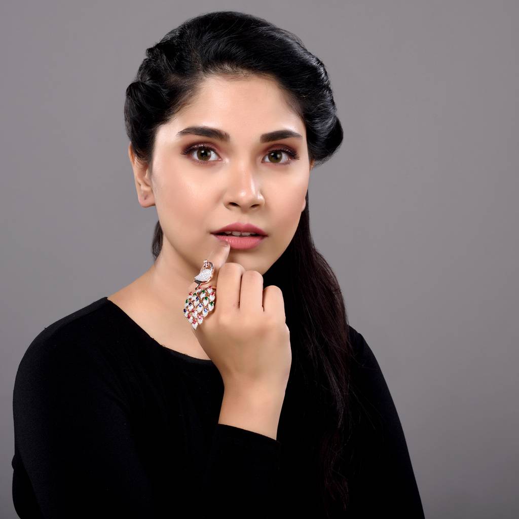 Rose Gold Plated Multi Colour Ad Studded Peacock Handcrafted Finger Ring : SJRG1264