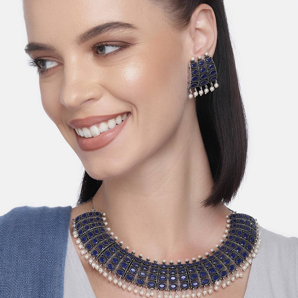 Blue Silver Plated Bluestone-Studded Jewellery Set : TMNS20117