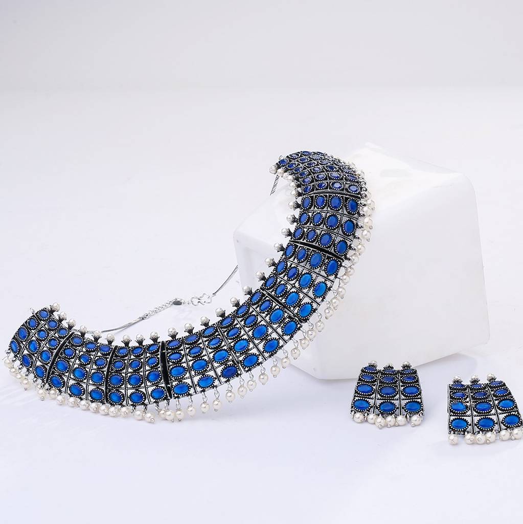 Blue Silver Plated Bluestone-Studded Jewellery Set : TMNS20117