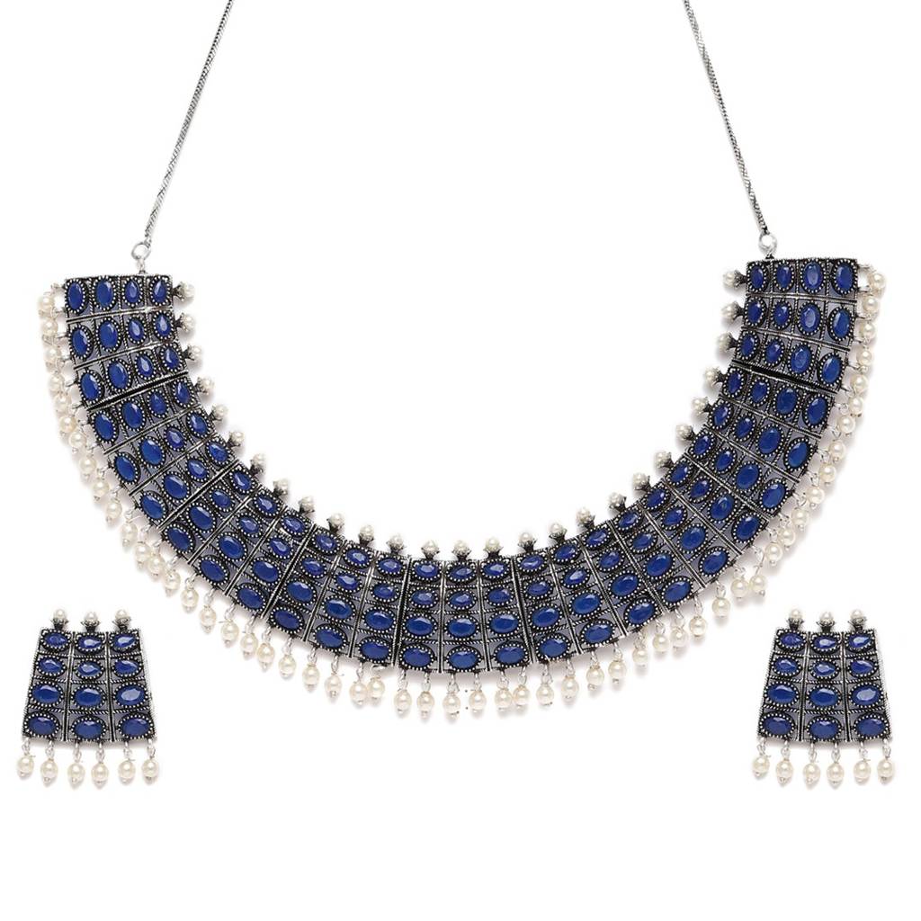 Blue Silver Plated Bluestone-Studded Jewellery Set : TMNS20117