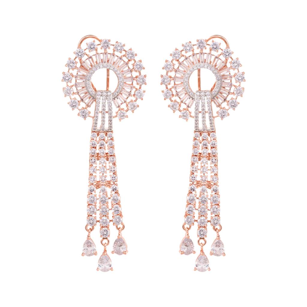 Rose Gold Plated White Ad Studded Knotted Long Dropdown Handcrafted Earrings : SJER1268