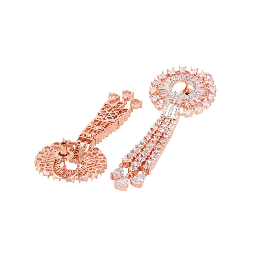 Rose Gold Plated White Ad Studded Knotted Long Dropdown Handcrafted Earrings : SJER1268