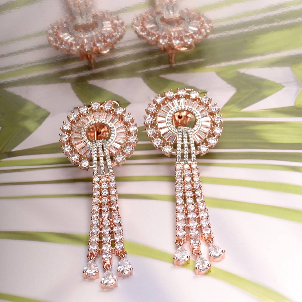 Rose Gold Plated White Ad Studded Knotted Long Dropdown Handcrafted Earrings : SJER1268