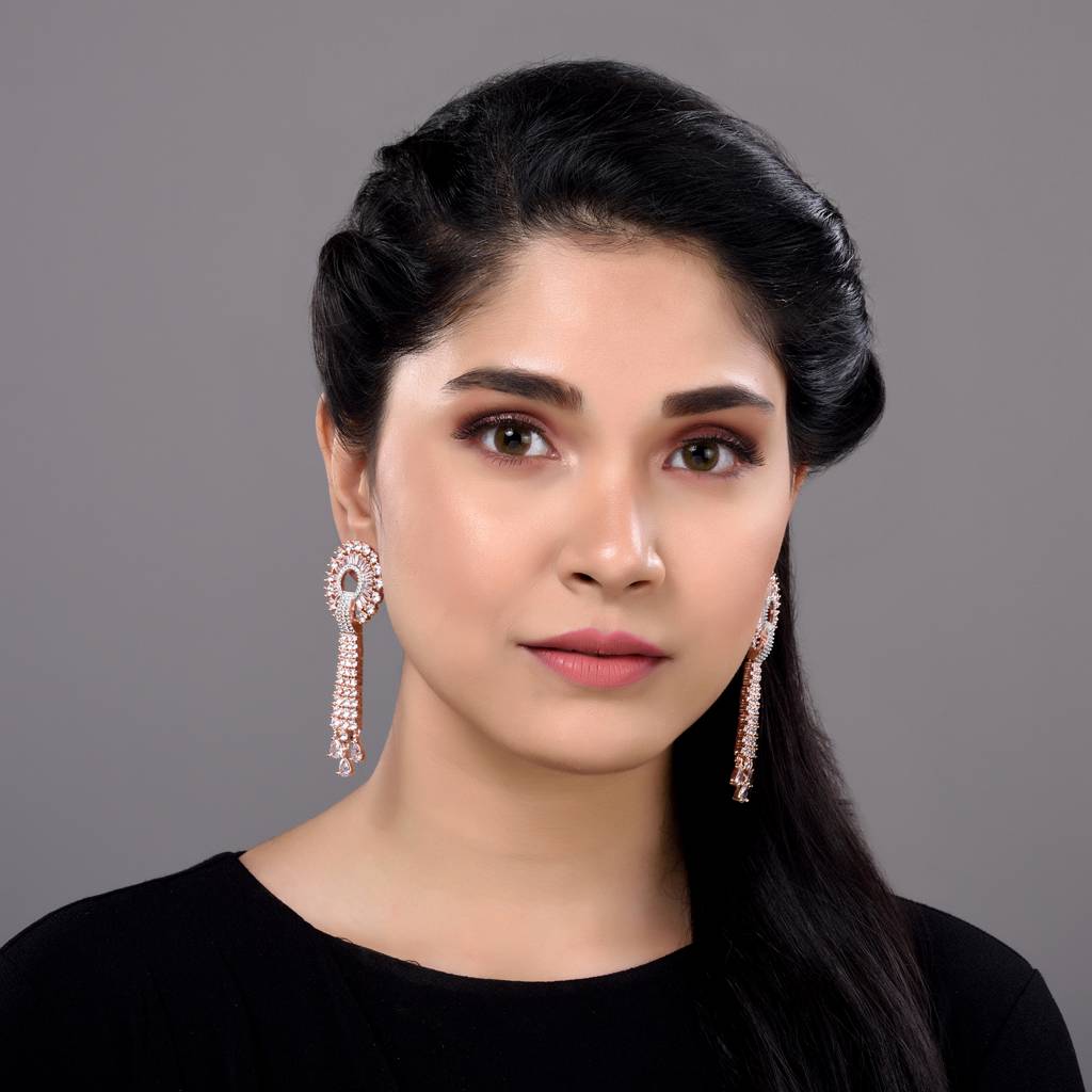 Rose Gold Plated White Ad Studded Knotted Long Dropdown Handcrafted Earrings : SJER1268