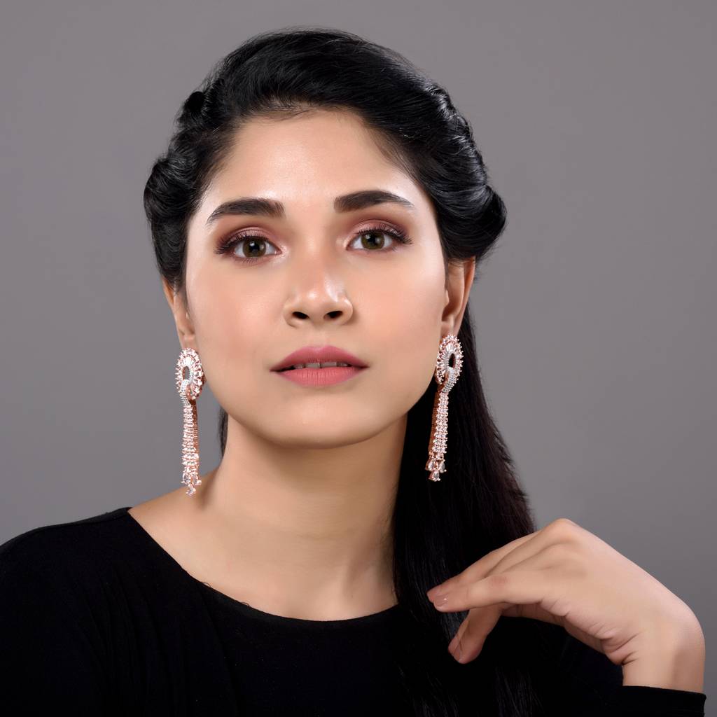 Rose Gold Plated White Ad Studded Knotted Long Dropdown Handcrafted Earrings : SJER1268
