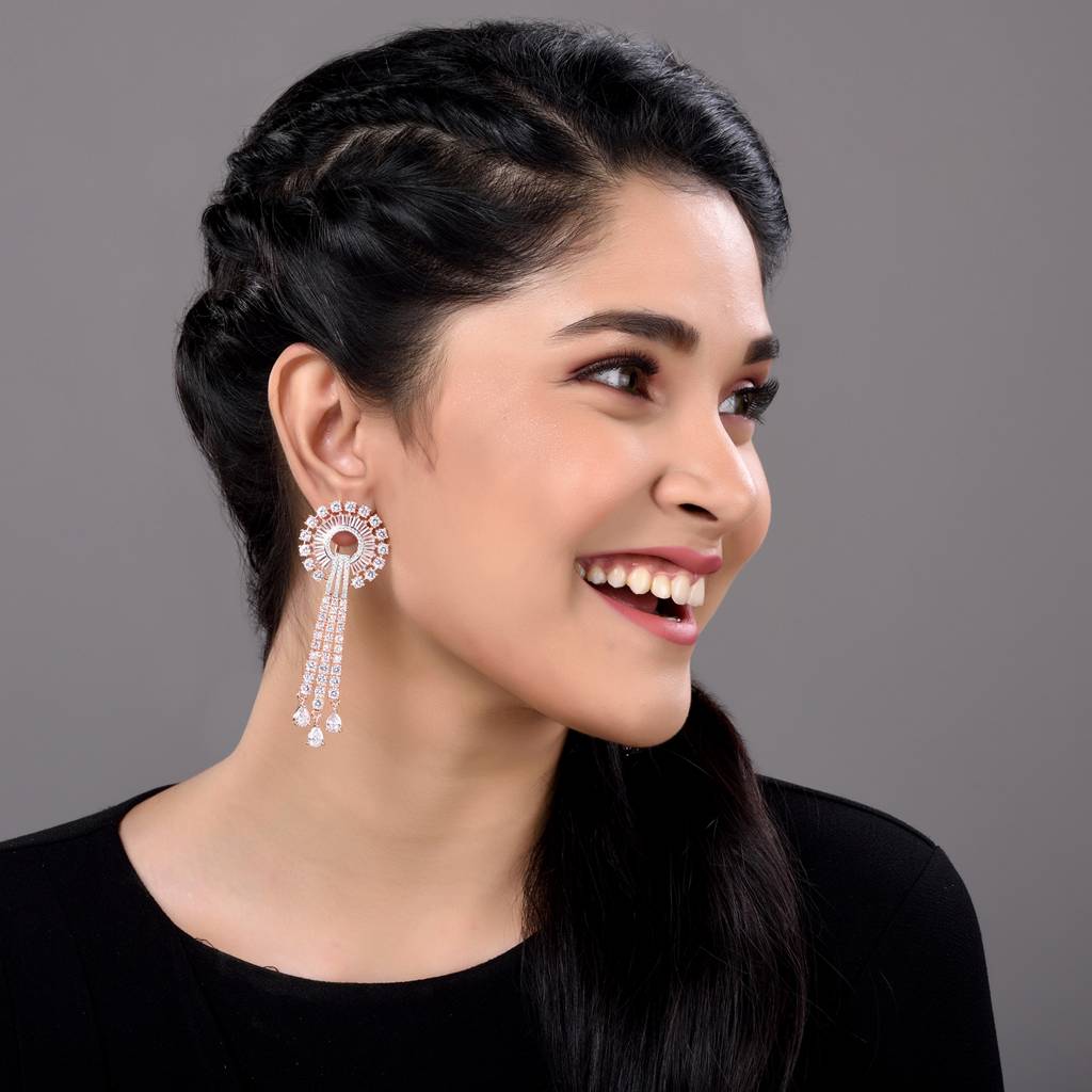 Rose Gold Plated White Ad Studded Knotted Long Dropdown Handcrafted Earrings : SJER1268