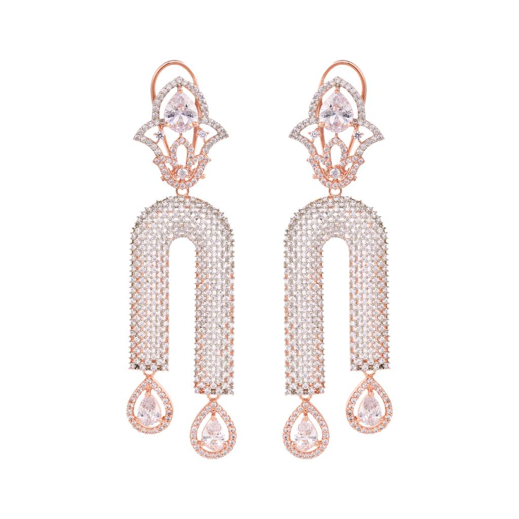 Rose Gold Plated White Ad Stdded Long Designer Dropdown Earrings : SJER1269