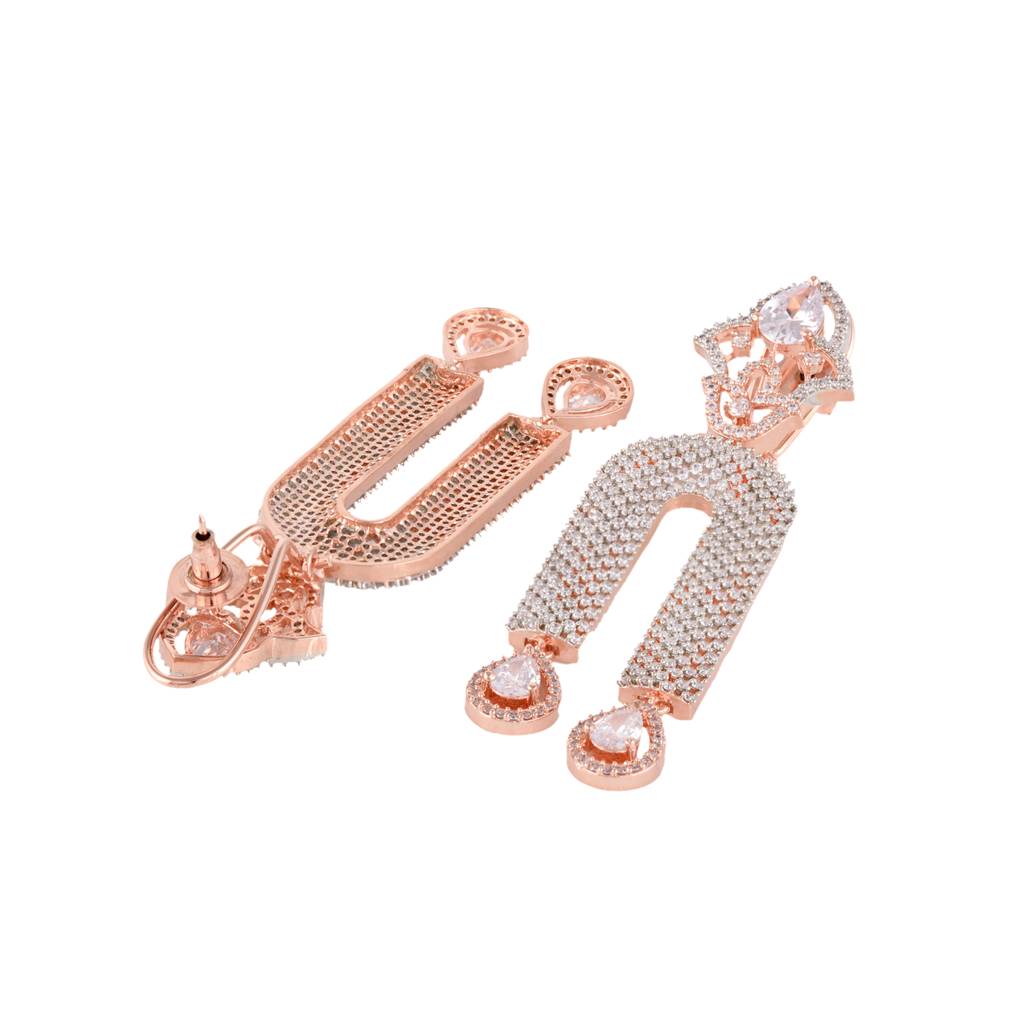 Rose Gold Plated White Ad Stdded Long Designer Dropdown Earrings : SJER1269