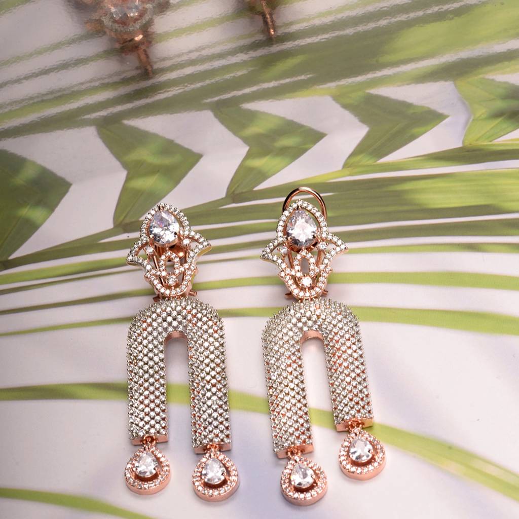 Rose Gold Plated White Ad Stdded Long Designer Dropdown Earrings : SJER1269