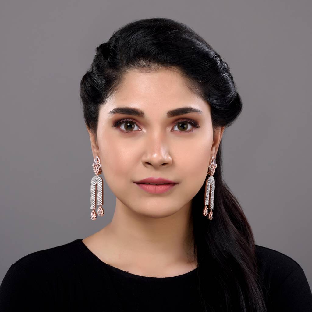 Rose Gold Plated White Ad Stdded Long Designer Dropdown Earrings : SJER1269