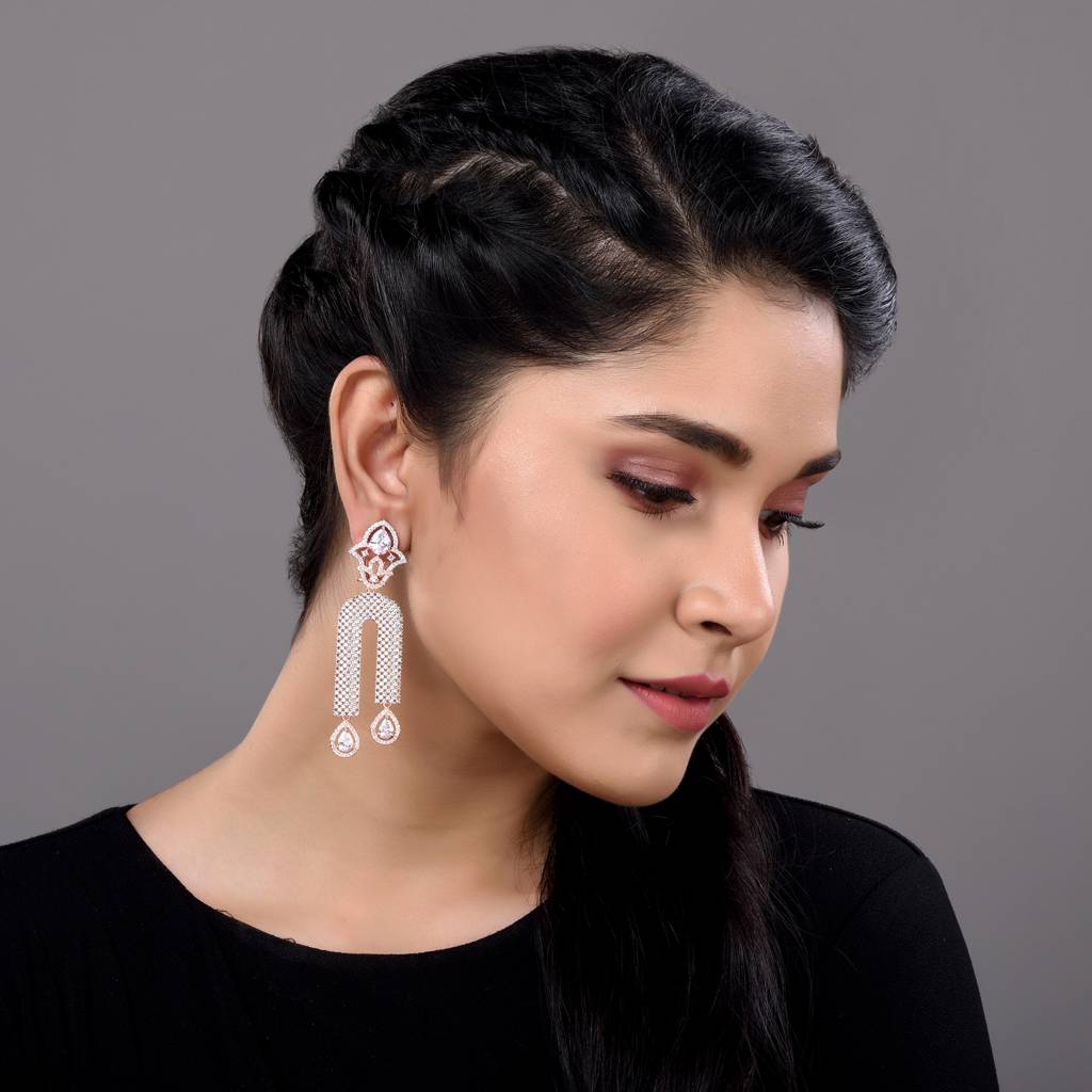 Rose Gold Plated White Ad Stdded Long Designer Dropdown Earrings : SJER1269