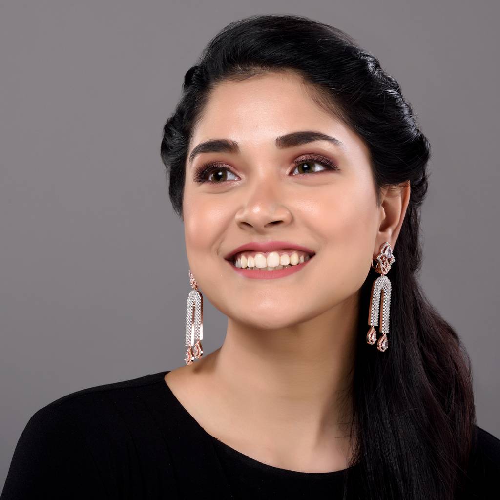 Rose Gold Plated White Ad Stdded Long Designer Dropdown Earrings : SJER1269