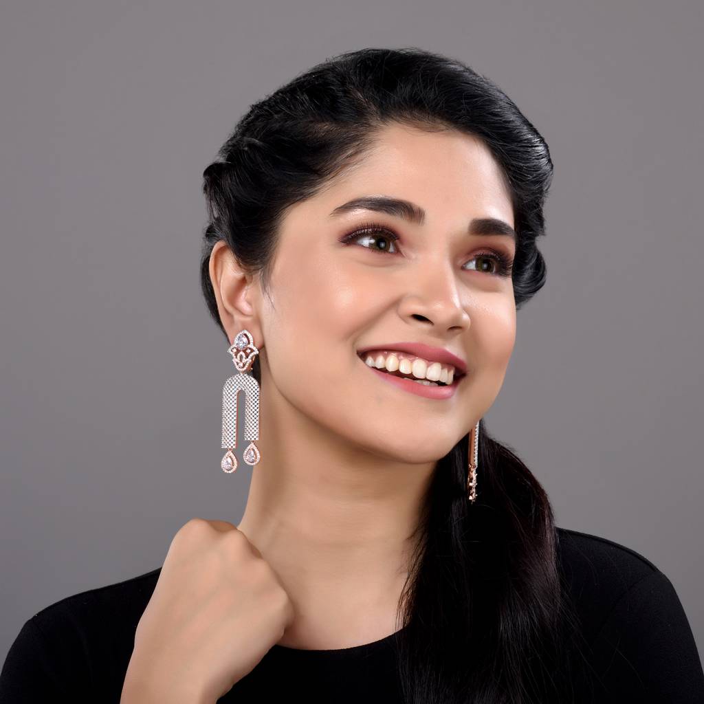 Rose Gold Plated White Ad Stdded Long Designer Dropdown Earrings : SJER1269