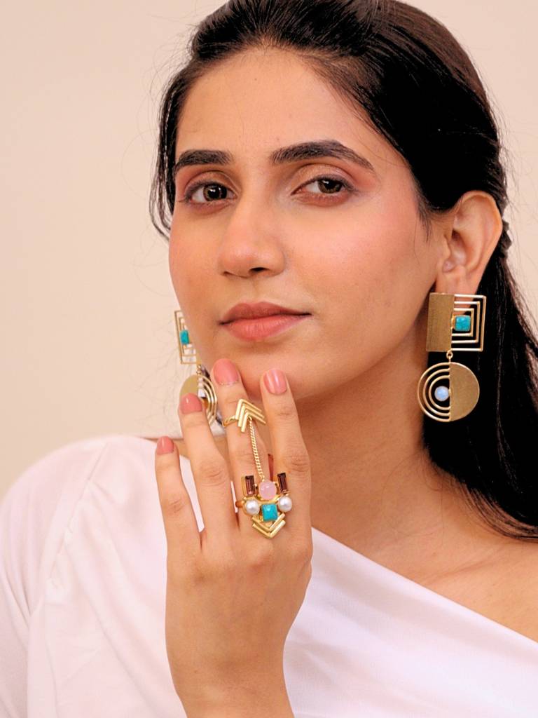 Muktika Stone Adjustable Ring Brass 18K Gold Plated Handmade : BJV035