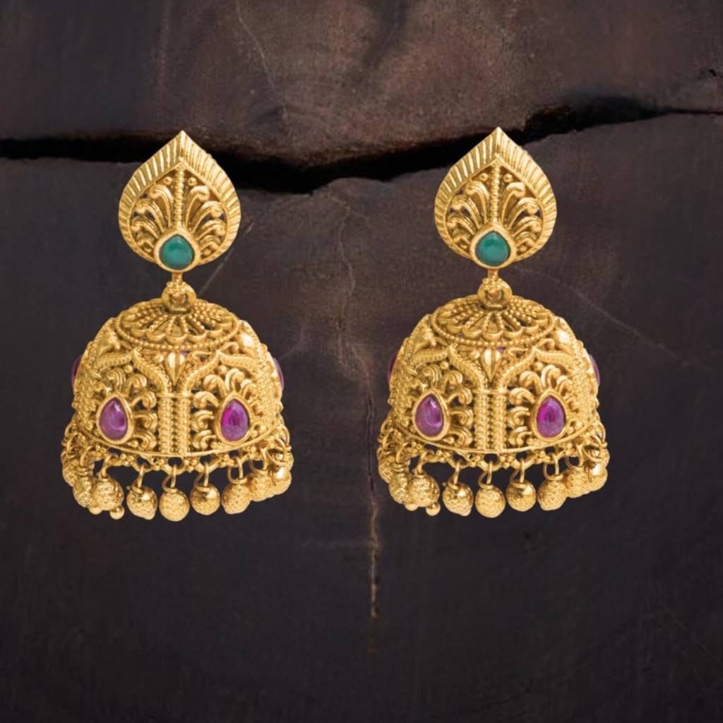Antique Finish South Indian Temple Jhumka Earrings With Green & Ruby Stones : R-1164