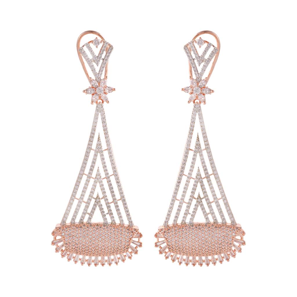 Rose Gold Plated White Ad Stone Studded Geometrical Jhumka Style Handcrafted Earrings : SJER1270