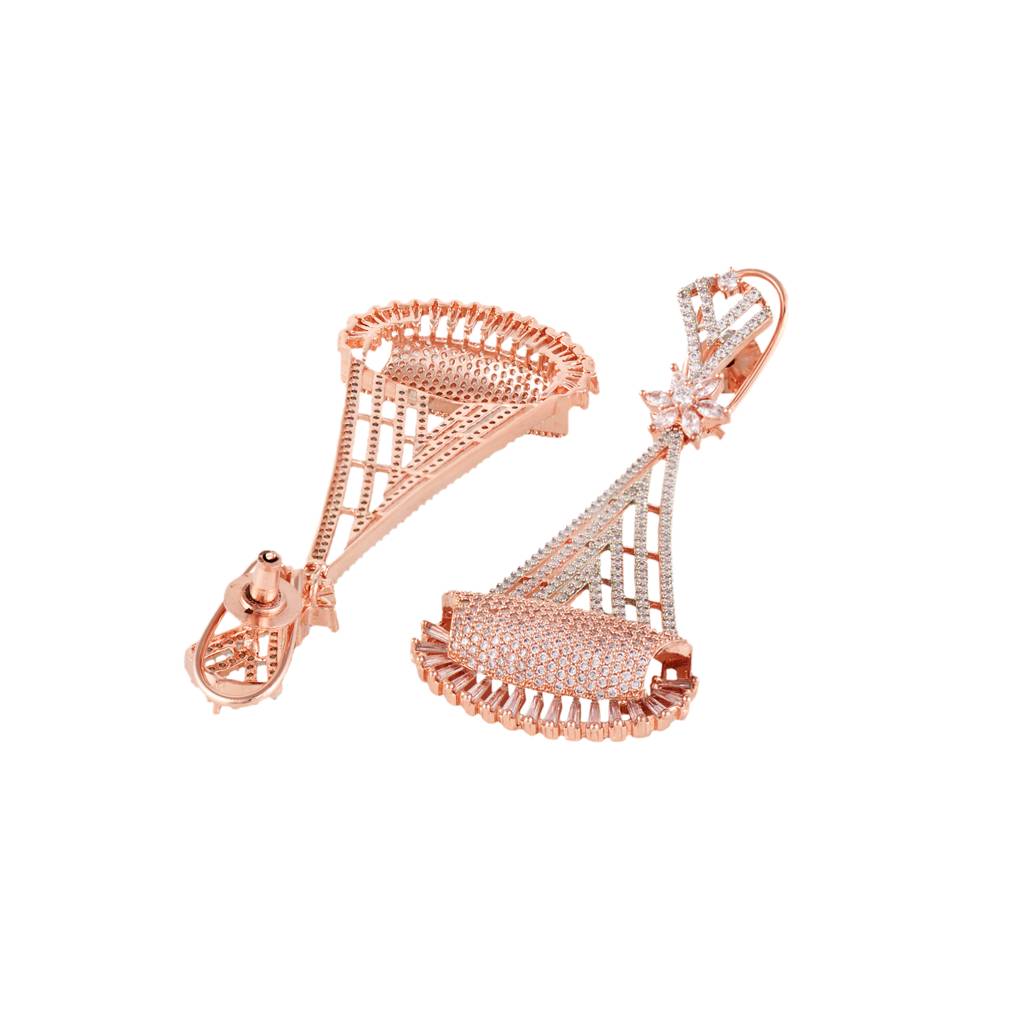 Rose Gold Plated White Ad Stone Studded Geometrical Jhumka Style Handcrafted Earrings : SJER1270