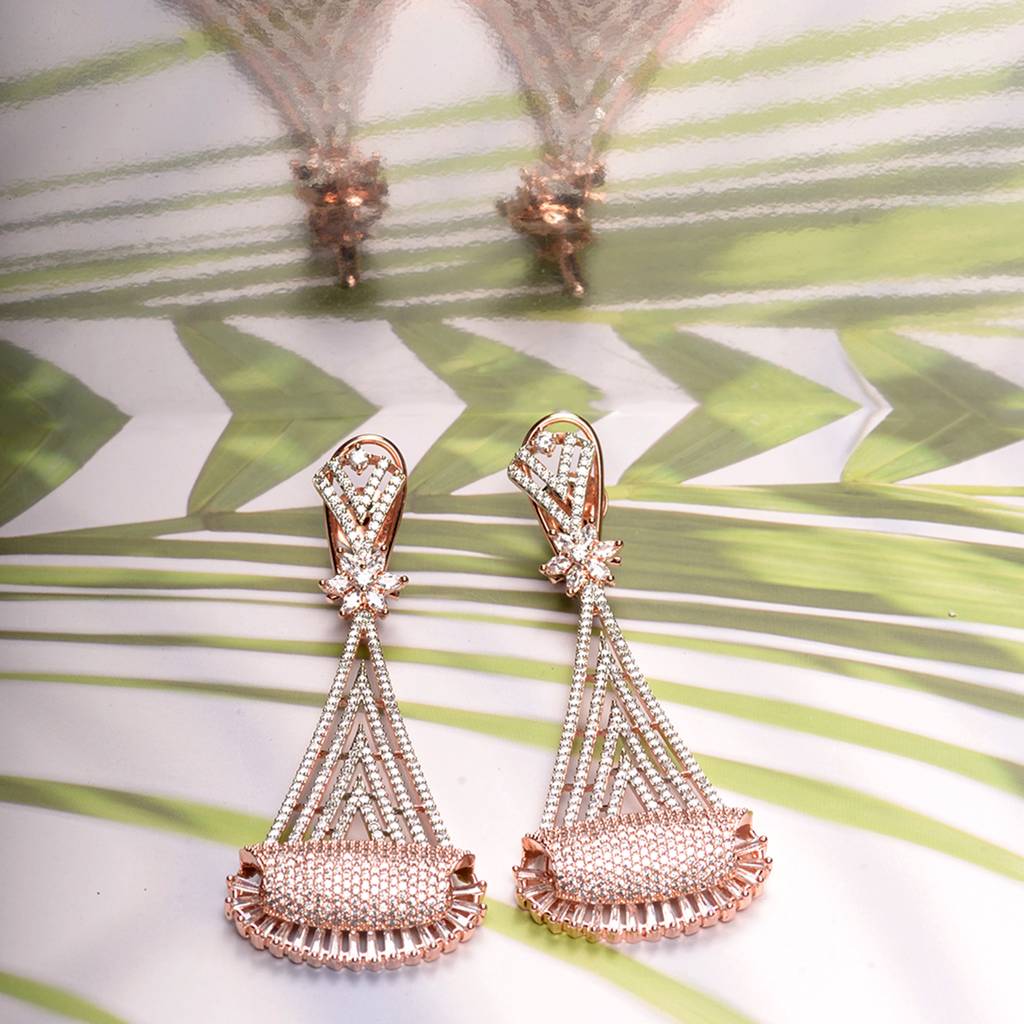 Rose Gold Plated White Ad Stone Studded Geometrical Jhumka Style Handcrafted Earrings : SJER1270