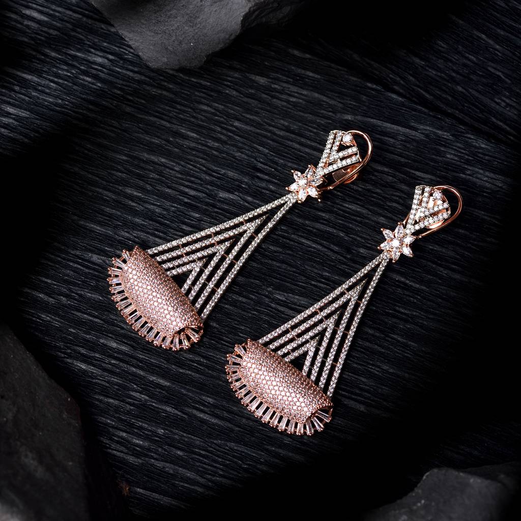 Rose Gold Plated White Ad Stone Studded Geometrical Jhumka Style Handcrafted Earrings : SJER1270