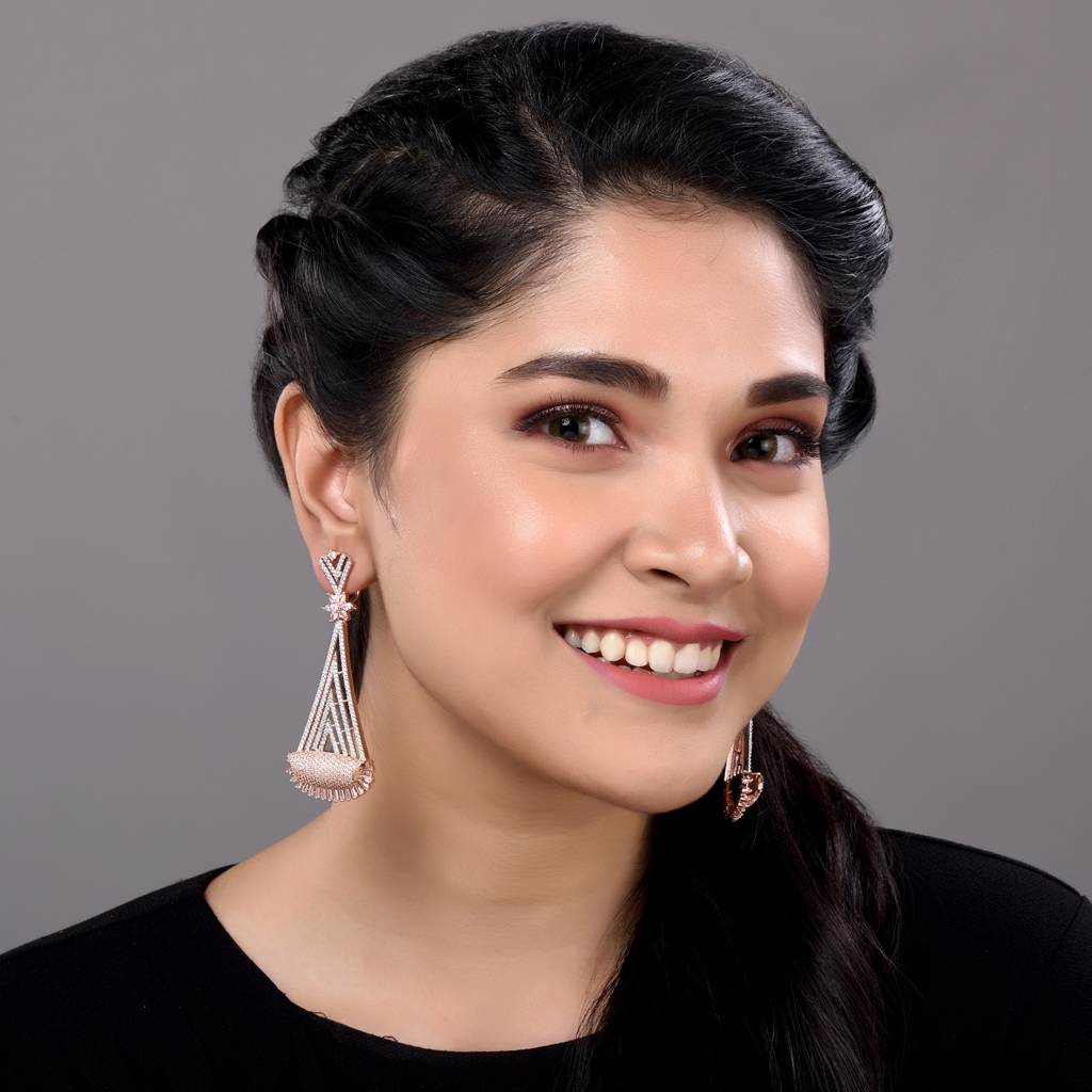 Rose Gold Plated White Ad Stone Studded Geometrical Jhumka Style Handcrafted Earrings : SJER1270