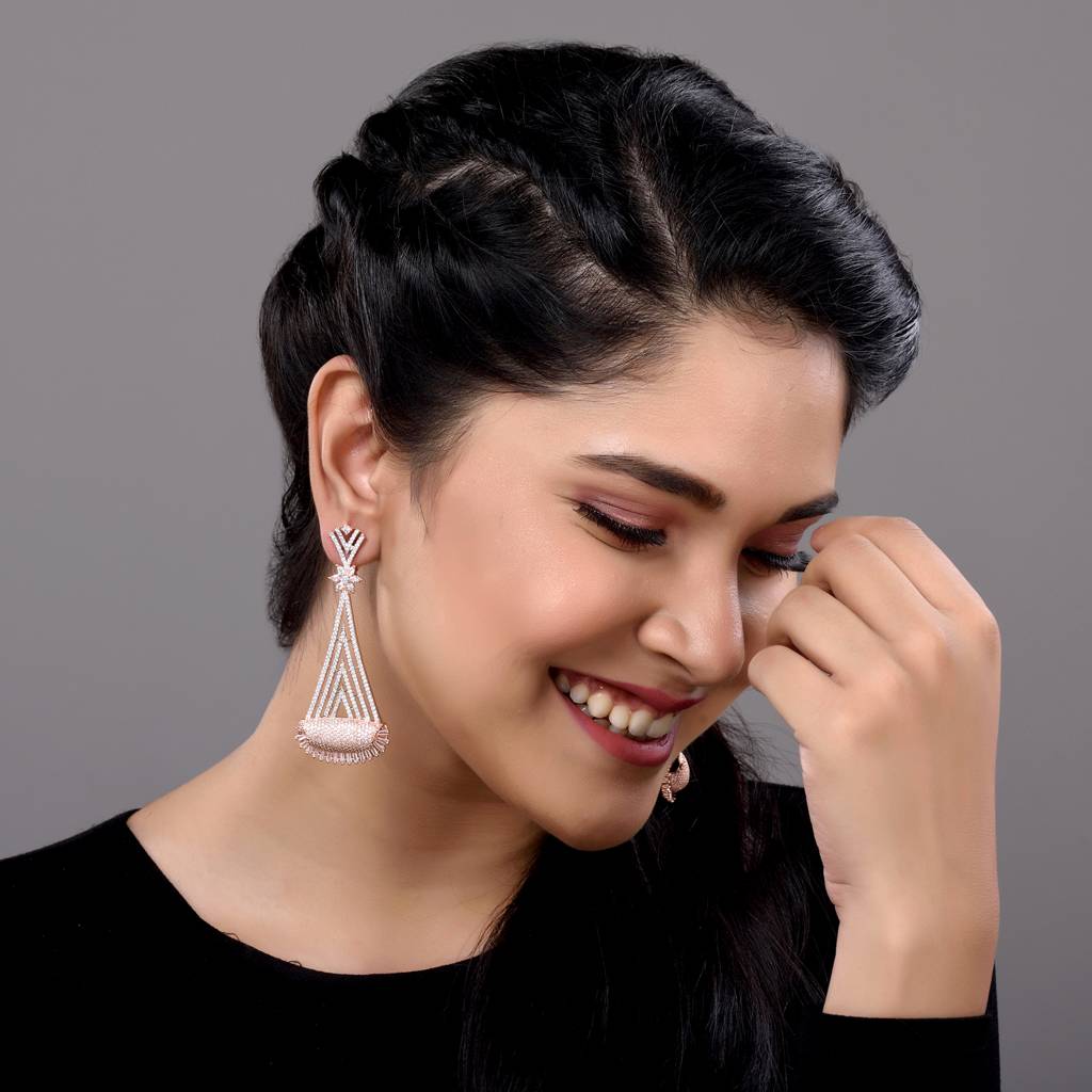Rose Gold Plated White Ad Stone Studded Geometrical Jhumka Style Handcrafted Earrings : SJER1270