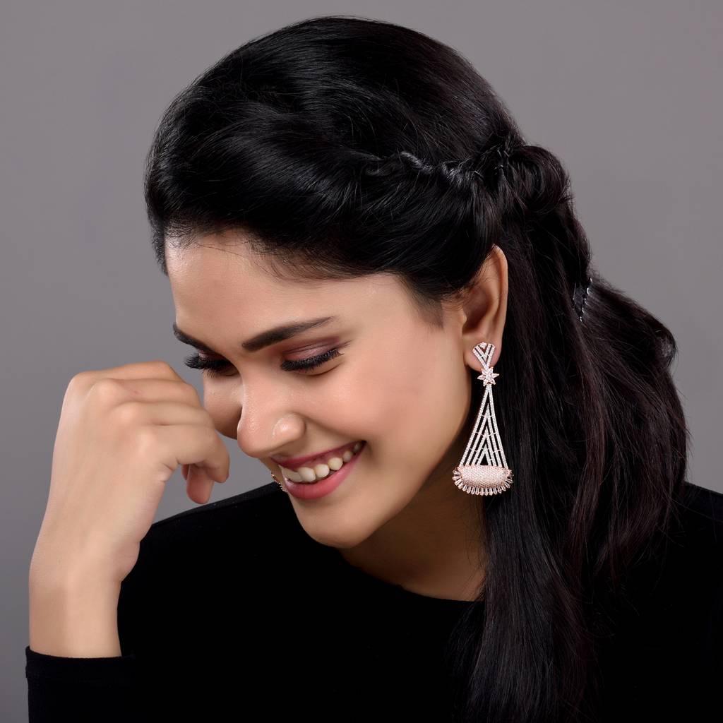 Rose Gold Plated White Ad Stone Studded Geometrical Jhumka Style Handcrafted Earrings : SJER1270