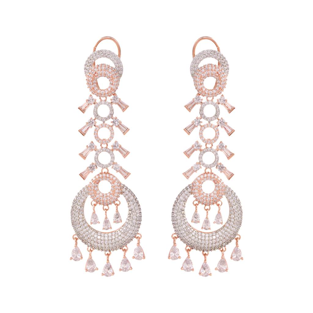 Rose Gold Plated White Ad Studded Circular Chandelier Dropdown Handcrafted Earrings : SJER1271