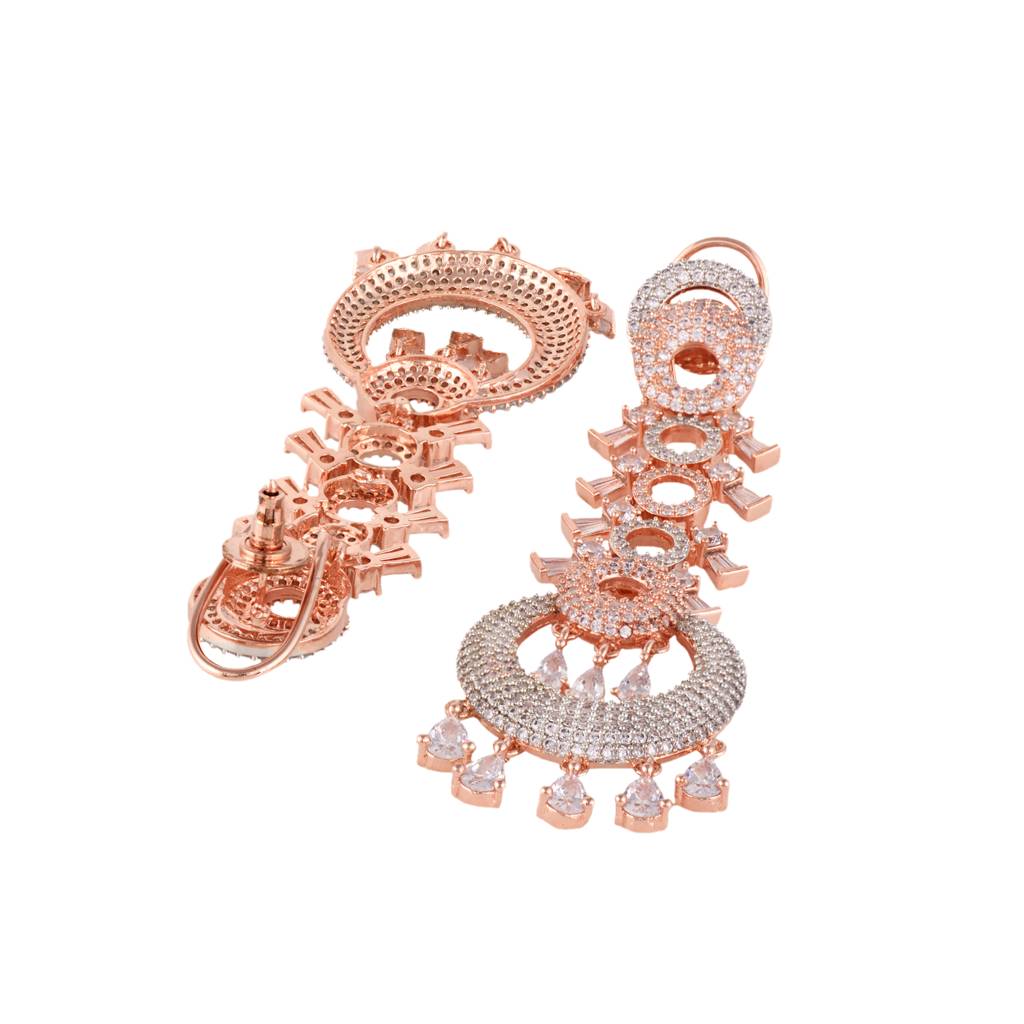 Rose Gold Plated White Ad Studded Circular Chandelier Dropdown Handcrafted Earrings : SJER1271