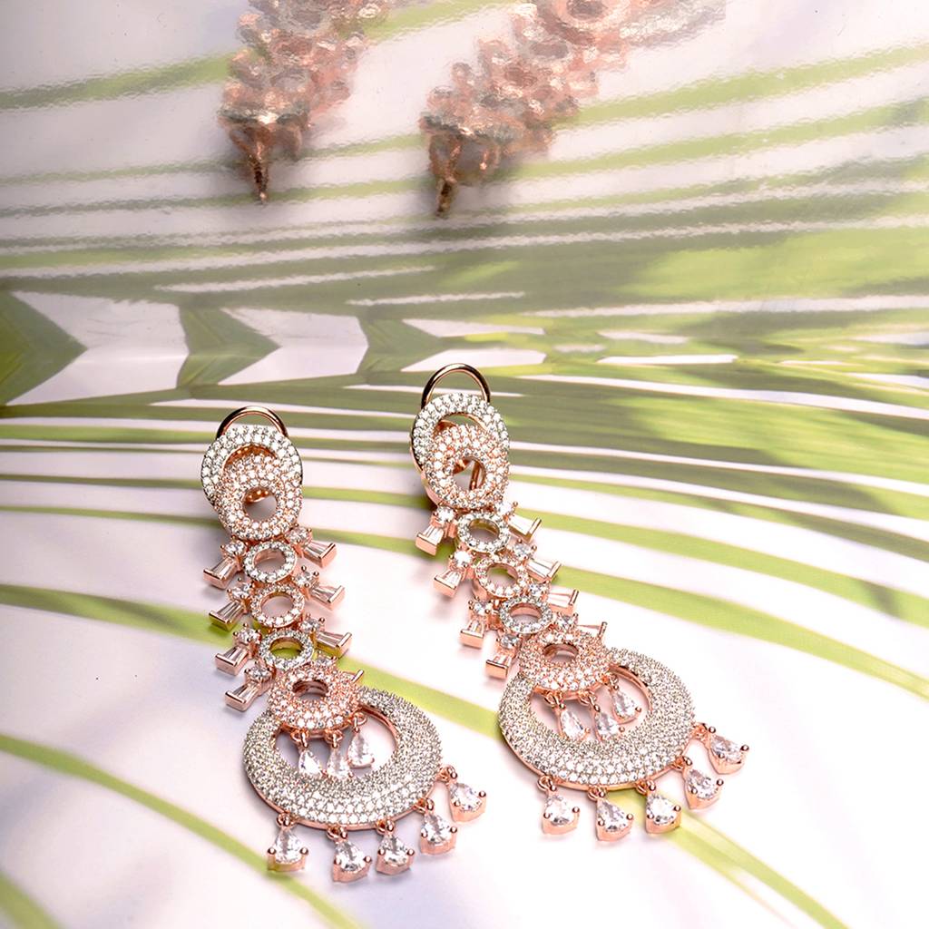 Eternz Certified Jewellery - Saraf RS Jewellery Rose Gold Plated White Ad Studded Circular Chandelier Dropdown Handcrafted Earrings (Free Size)