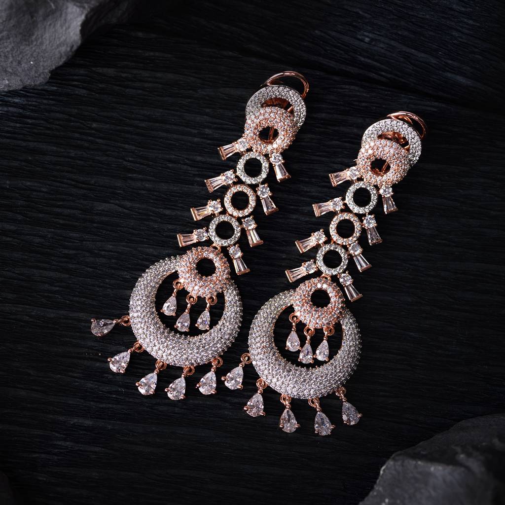 Rose Gold Plated White Ad Studded Circular Chandelier Dropdown Handcrafted Earrings : SJER1271