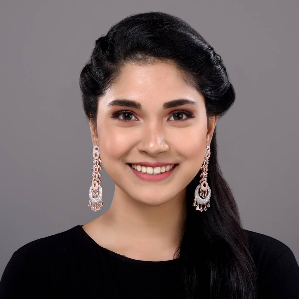Rose Gold Plated White Ad Studded Circular Chandelier Dropdown Handcrafted Earrings : SJER1271