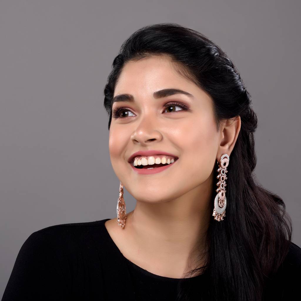 Rose Gold Plated White Ad Studded Circular Chandelier Dropdown Handcrafted Earrings : SJER1271