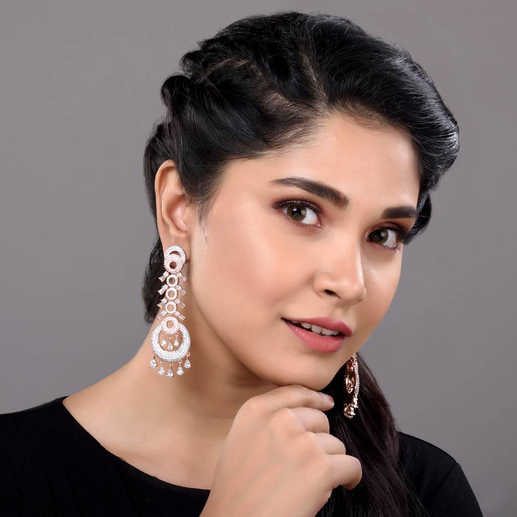 Rose Gold Plated White Ad Studded Circular Chandelier Dropdown Handcrafted Earrings : SJER1271