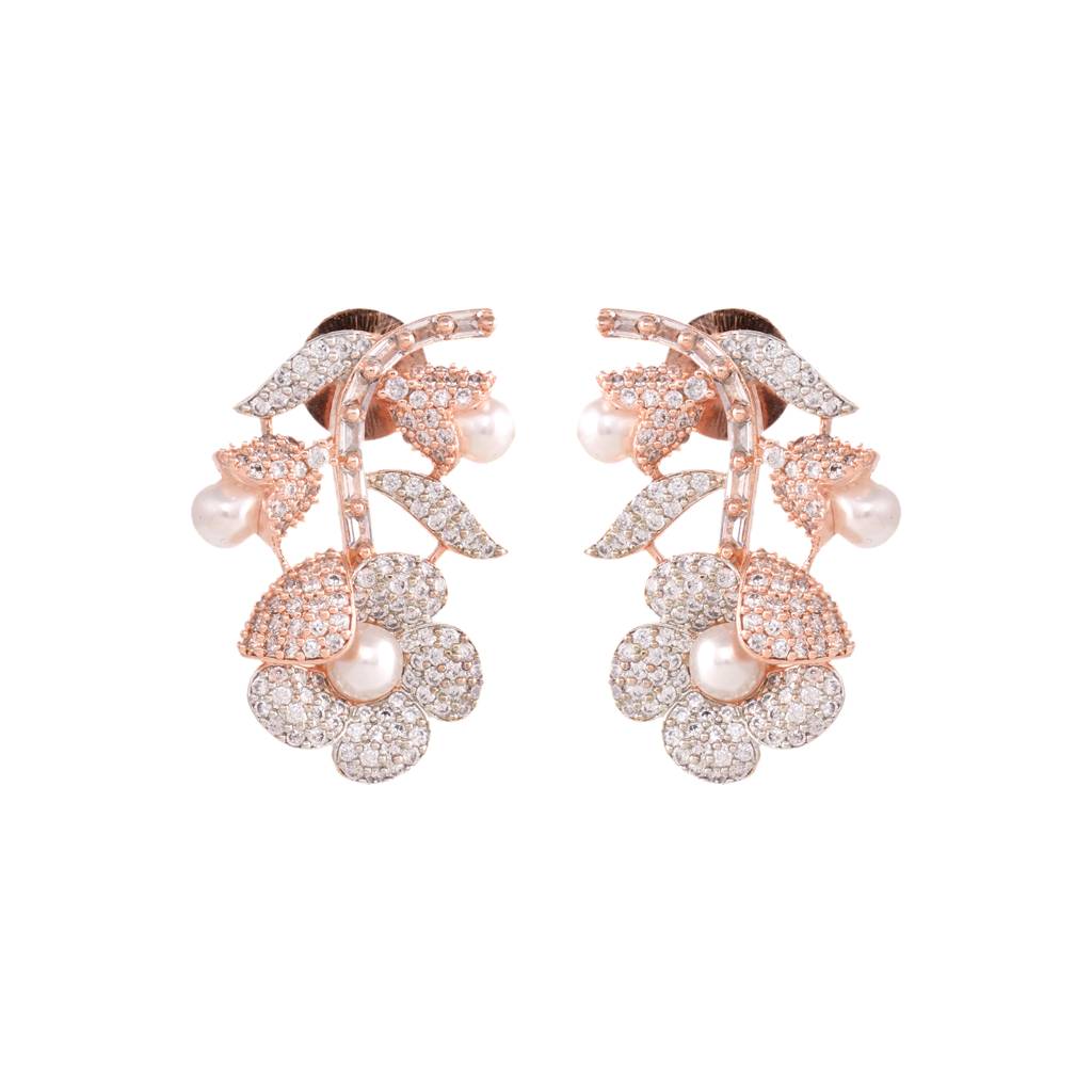 Rose Gold Plated White Ad And Pearl Studded Flower Stud Handcrafted Earrings : SJER1273