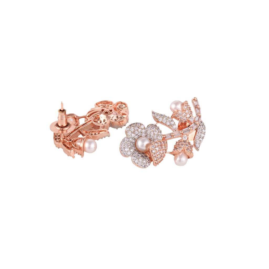 Rose Gold Plated White Ad And Pearl Studded Flower Stud Handcrafted Earrings : SJER1273