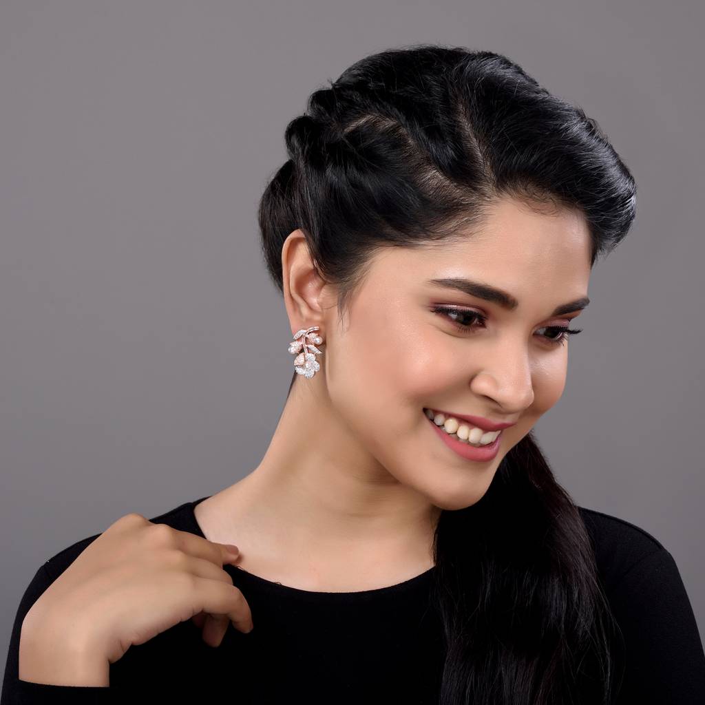Rose Gold Plated White Ad And Pearl Studded Flower Stud Handcrafted Earrings : SJER1273
