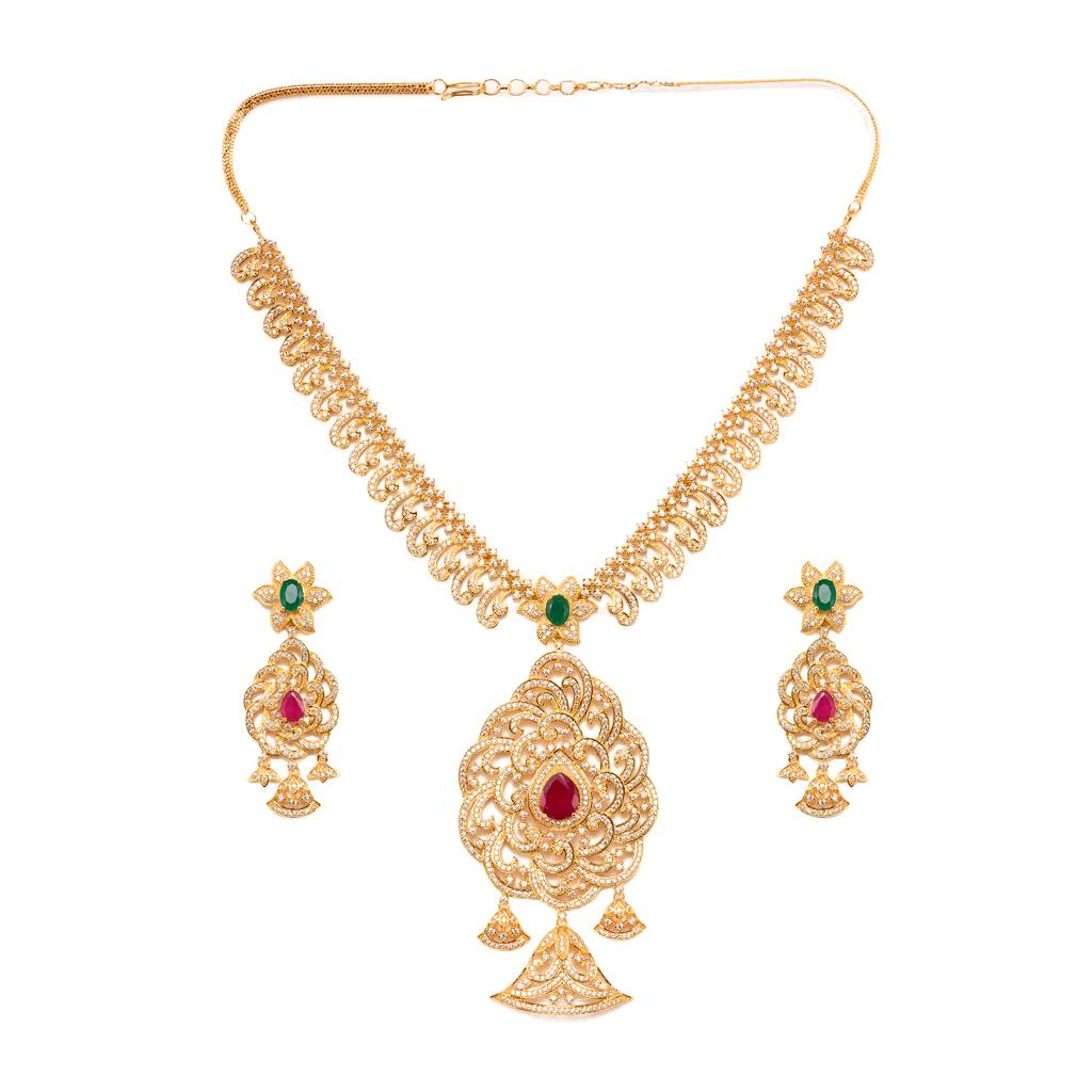 Gold Plated Multicolour Stone Studded Pendant Style Neclace And Earring Set : SJNK1274
