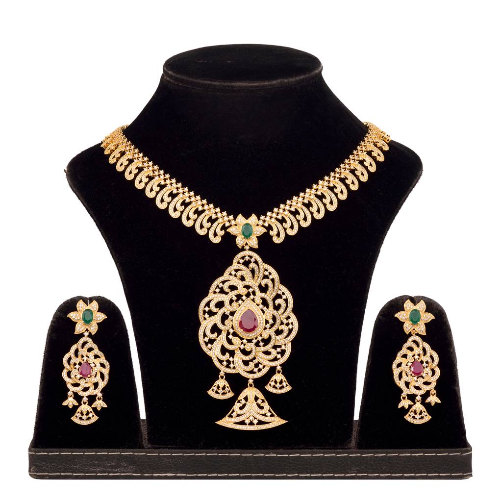 Gold Plated Multicolour Stone Studded Pendant Style Neclace And Earring Set : SJNK1274