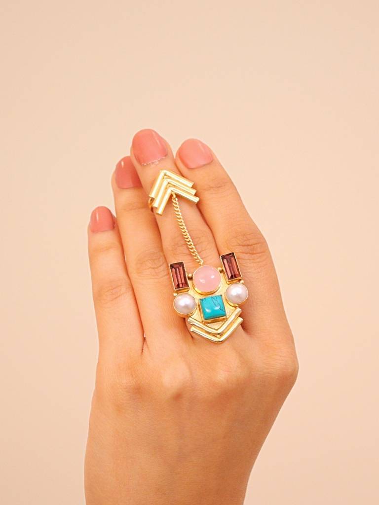 Muktika Stone Adjustable Ring Brass 18K Gold Plated Handmade : BJV035
