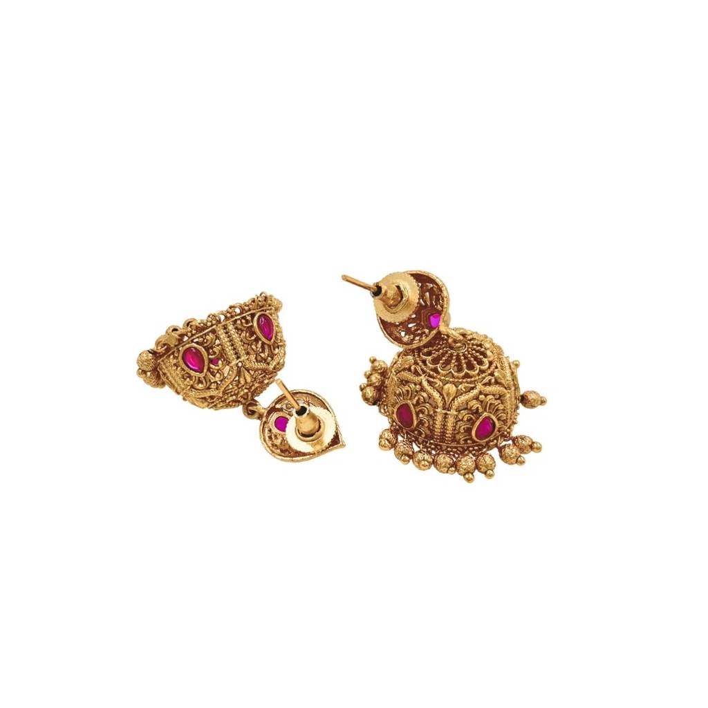 Antique Finish South Indian Temple Jhumka Earrings With Green & Ruby Stones : R-1164