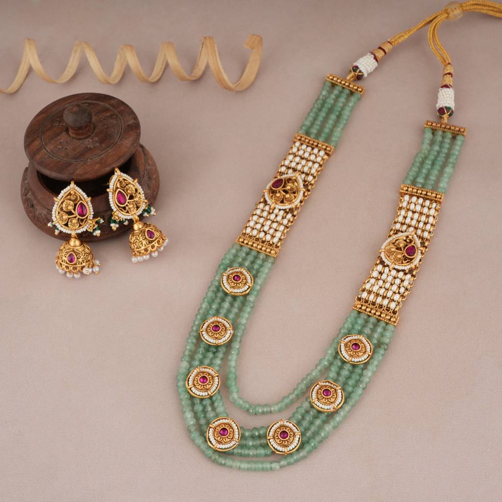 Stunning Green Stone Long Necklace Set With Jhumka Earring : SJ066