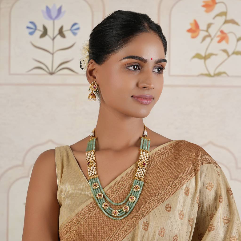 Stunning Green Stone Long Necklace Set With Jhumka Earring : SJ066